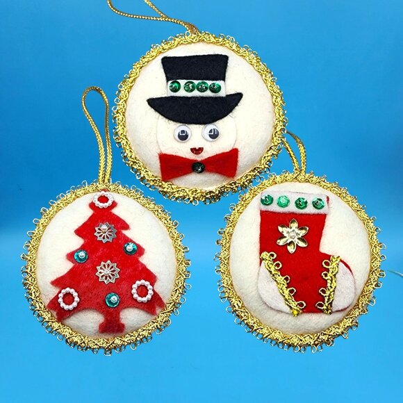 Vintage Felt Christmas Ornaments Set • Snowman w/ Googly Eyes • Beaded Tree • Se - Picture 2 of 11